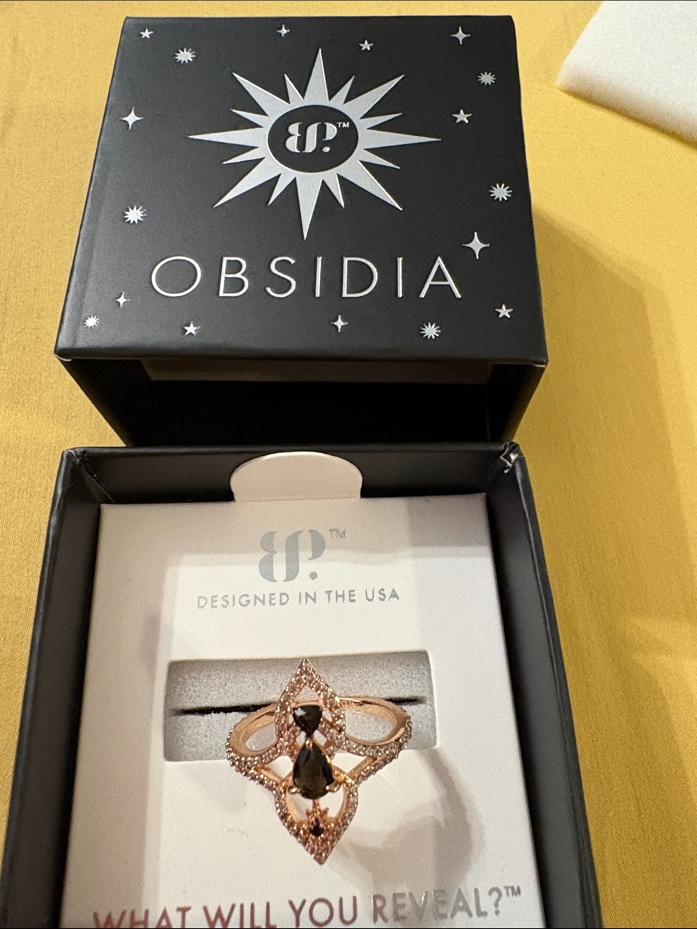 Obsidia Rose Gold Teardrop Black & Champagne Crystal Ring